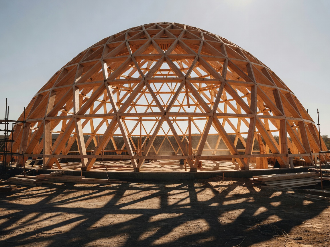 Bare wooden triangular framing of a dome under construction