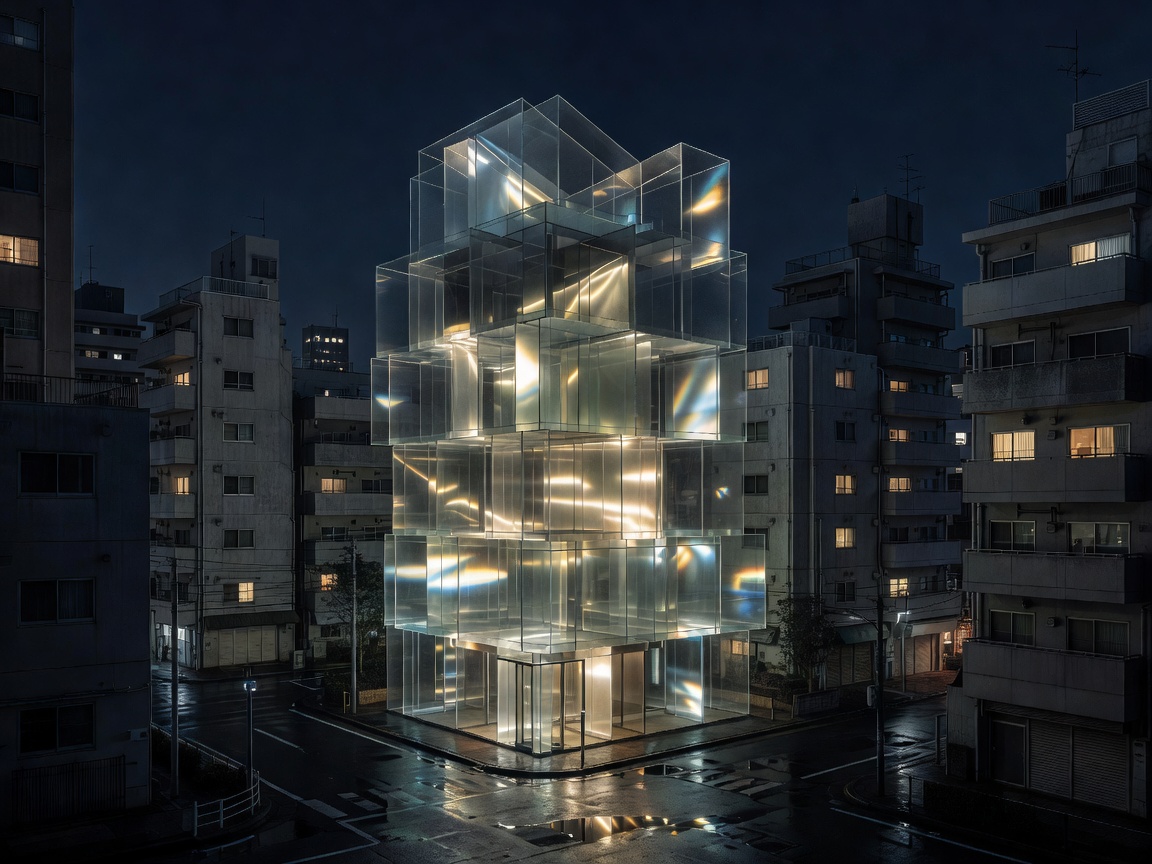 A multi-layered transparent glass structure illuminated at night amidst traditional concrete buildings