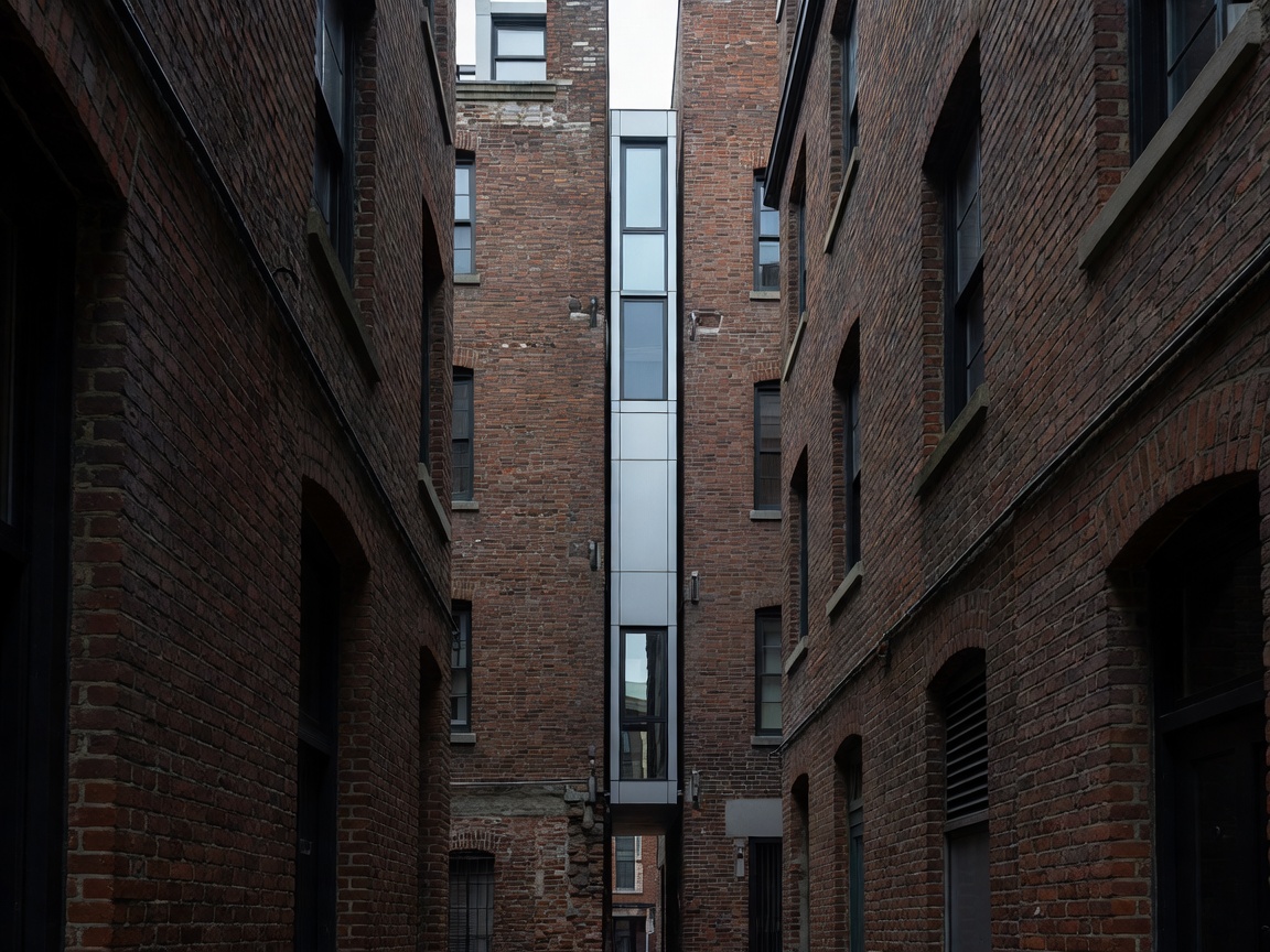 A very slim structural insert wedged tightly between two brick buildings