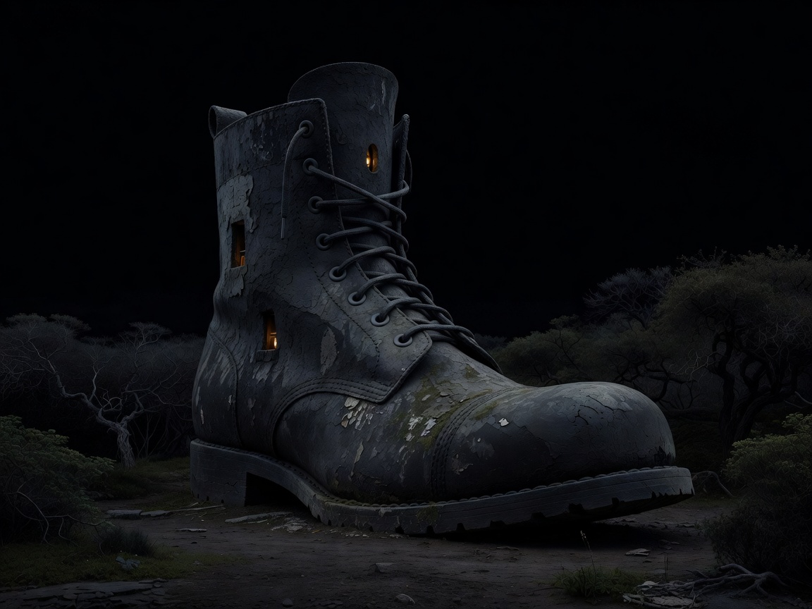 A massive stucco structure shaped like a classic work boot